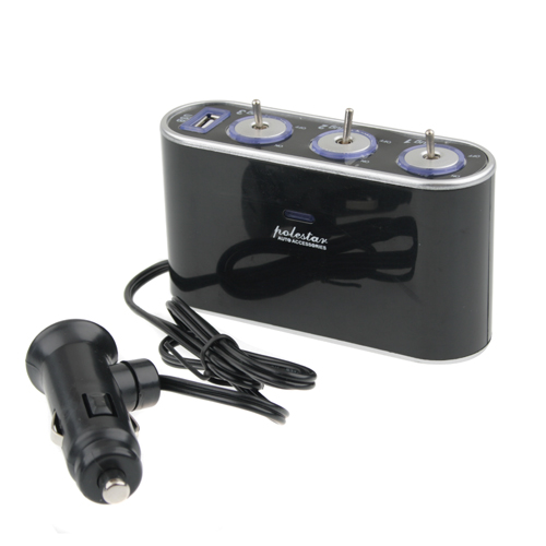 WF-0306 In-Car 1 to 3 In- Car USB Triple Socket Charger with Switches  Black