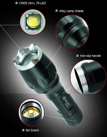 Pointed Stainless Steel Zoom Flashlight 1600 Lumens Black and Silvery Head