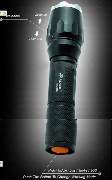 Pointed Stainless Steel Zoom Flashlight 1600 Lumens Black and Silvery Head