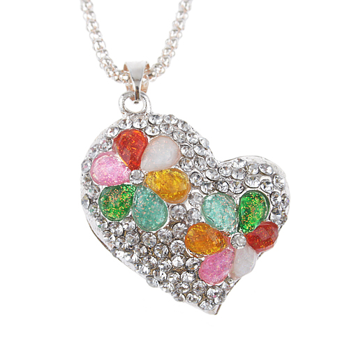 Heart Pendant Colorful Rhinestone Decor Necklace Jewelry