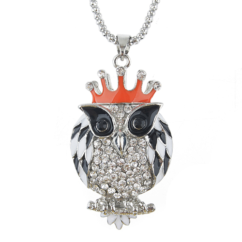 Owl with Crown Pendant Rhinestone Decor Necklace Jewelry