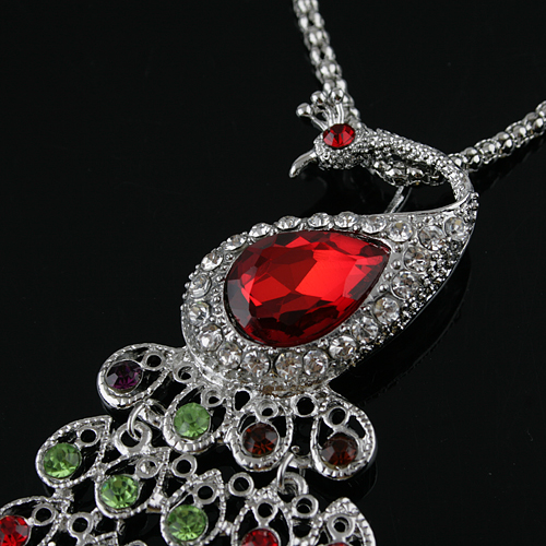 Colorful Rhinestone Decor Peacock Pendant Necklace Jewelry