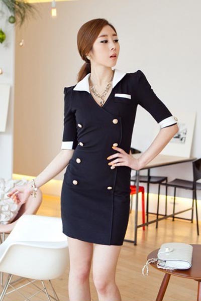 Fashion Medium Sleeve V Neck Slim Dress