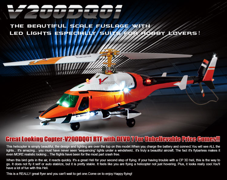 Walkera V200DQ01 with DEVO7 Transmitter Flybarless Helicopter RTF 2.4Ghz