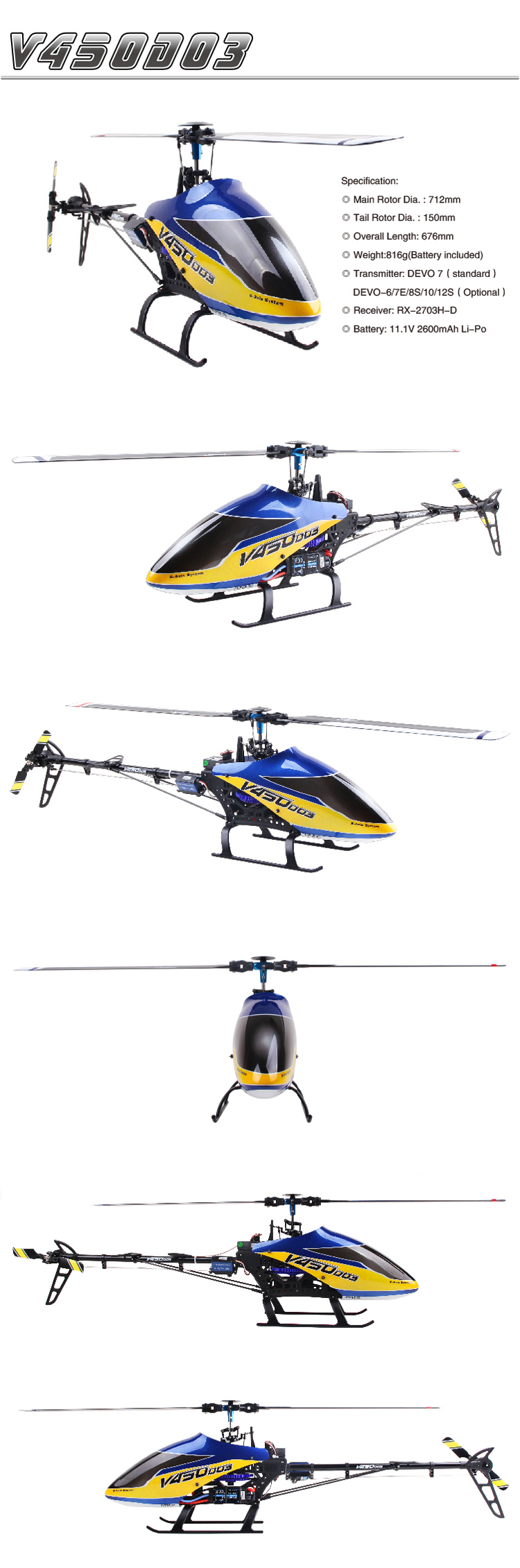 Walkera V450D03 with DEVO 8S Transmitter 6CH 3D 6-axis-Gyro Flybarless Helicopter RTF 2.4Ghz