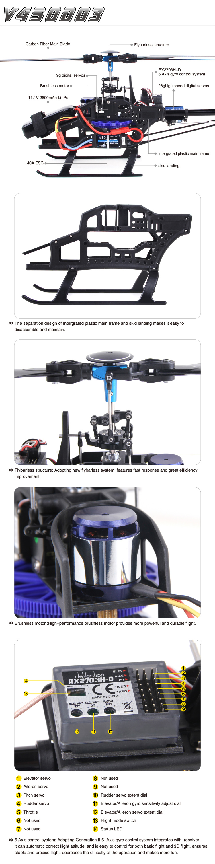 Walkera V450D03 with DEVO 8S Transmitter 6CH 3D 6-axis-Gyro Flybarless Helicopter RTF 2.4Ghz