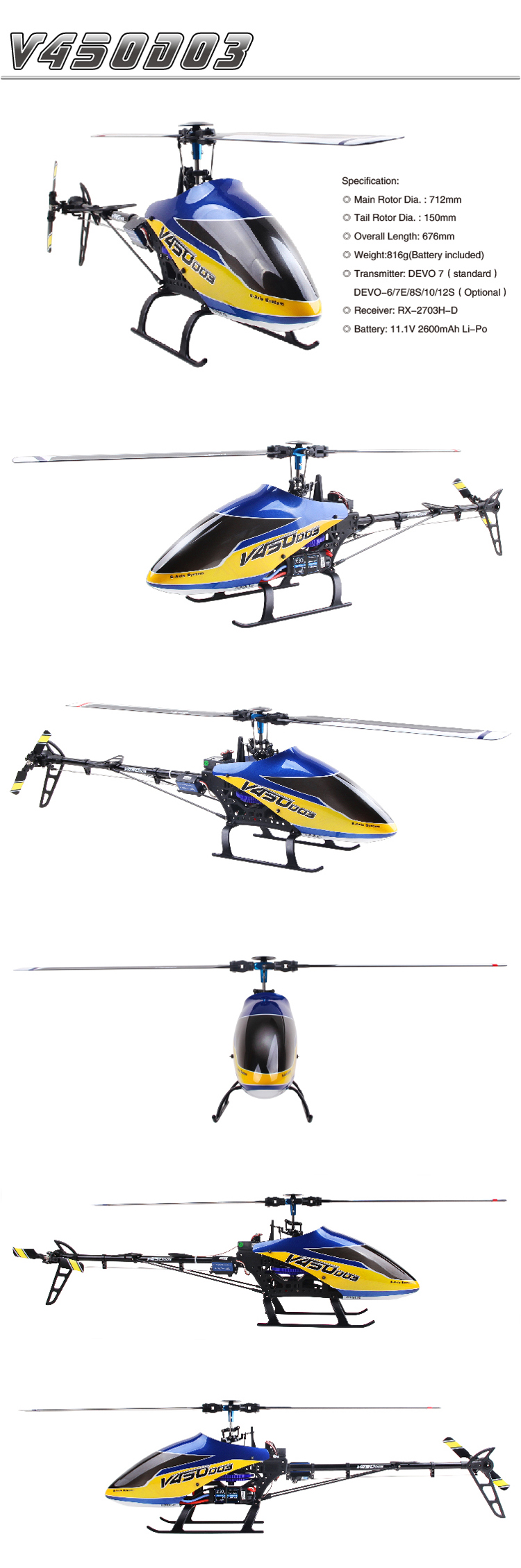 Walkera V450D03 with DEVO 12S Transmitter 6CH 3D 6-axis-Gyro Flybarless Helicopter RTF 2.4Ghz