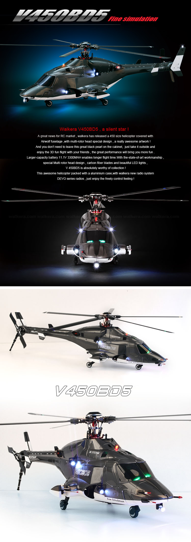 Walkera V450BD5 BNF without Transmitter 6CH 3D Airwolf 450 size RC Fuselage Style Helicopter (with Aluminium case)