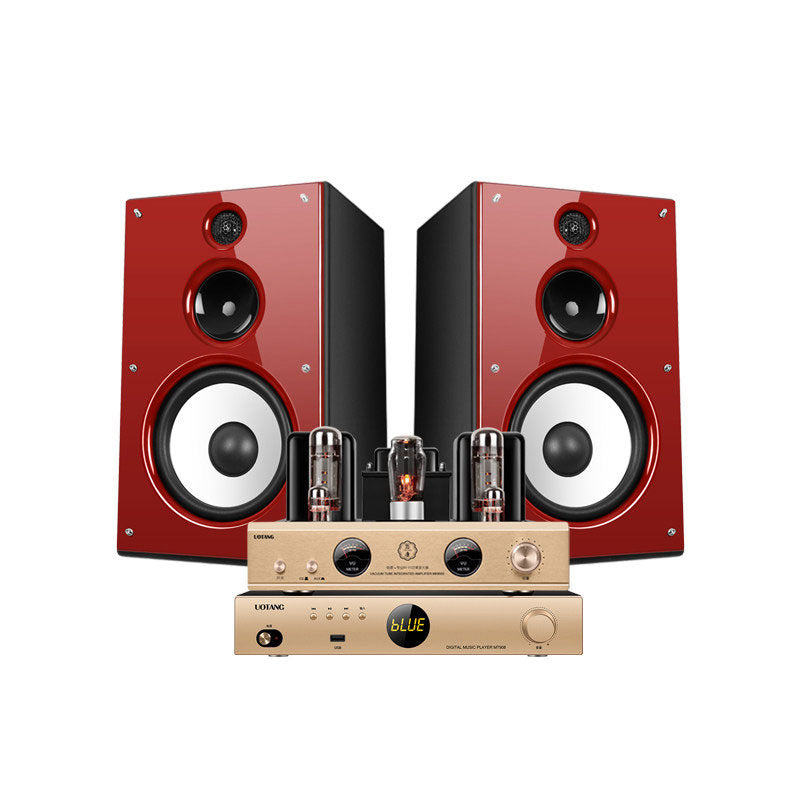 UOTANG D598 Set 2PCS T318 8-Inch Bookshelf Speakers (Red/Walnut) + MK8500 12Wx2 Tube Amp + MT908 DAC or MT901 CD Player