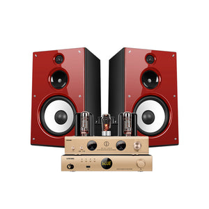 UOTANG D598 Set 2PCS T318 8-Inch Bookshelf Speakers (Red/Walnut) + MK8500 12Wx2 Tube Amp + MT908 DAC or MT901 CD Player
