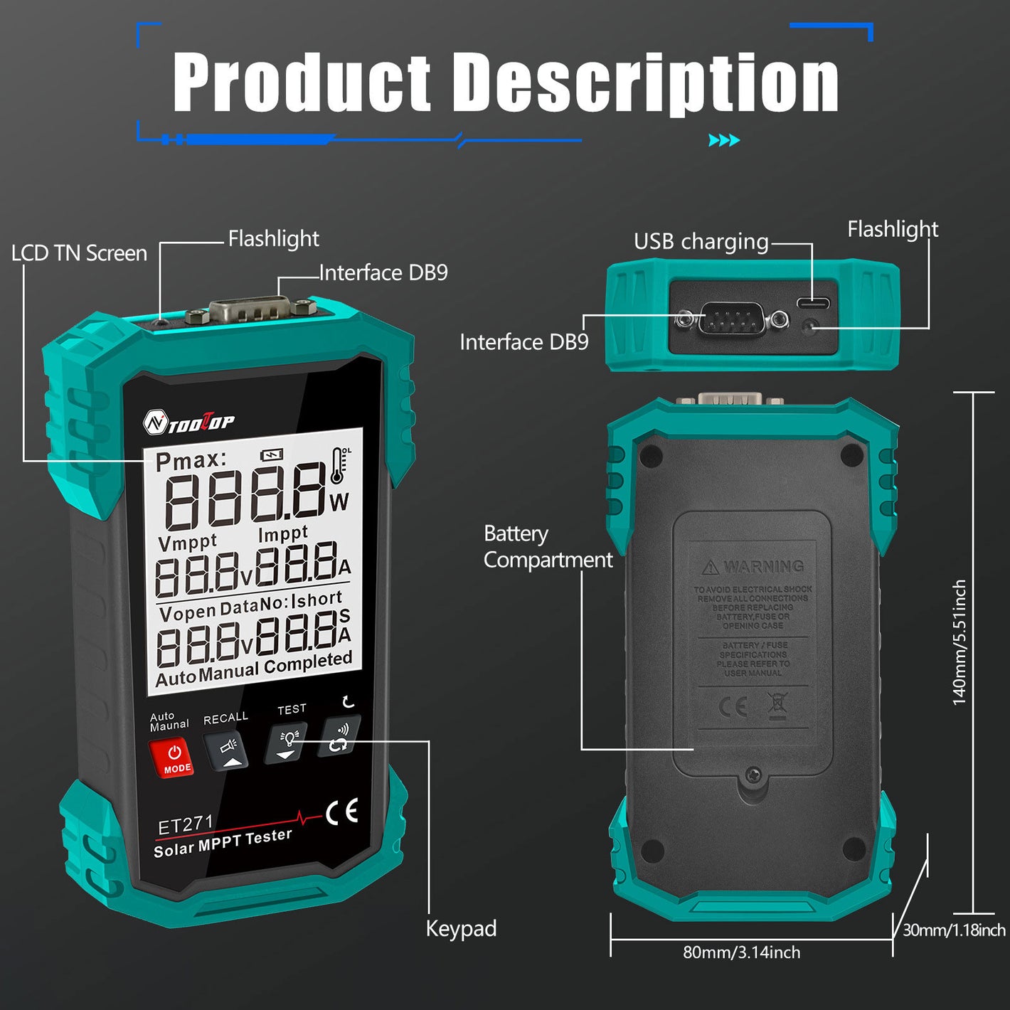 TOOLTOP ET271 Solar MPPT Tester 3-90V/0-40A/1600W High Power Portable Photovoltaic Tester Support Data Record