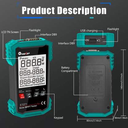 TOOLTOP ET271 Solar MPPT Tester 3-90V/0-40A/1600W High Power Portable Photovoltaic Tester Support Data Record