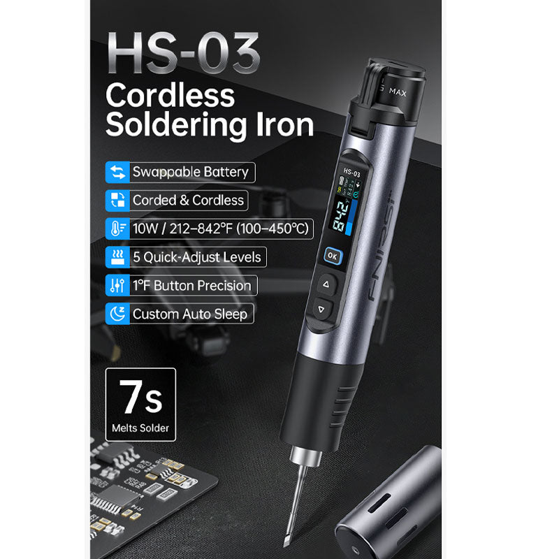 FNIRSI HS-03 Portable Cordless Soldering Iron 10W 5-Level Temperature Control with 0.96-Inch HD IPS Screen