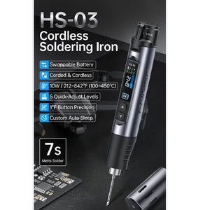 FNIRSI HS-03 Portable Cordless Soldering Iron 10W 5-Level Temperature Control with 0.96-Inch HD IPS Screen
