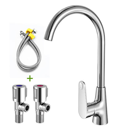 Kitchen Sink Faucet + Two Hoses + Two Angle Valves Chrome Finish for Hot &amp; Cold Water