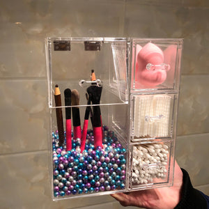 Large Clear Makeup Organizer Cosmetic Makeup Brush Holder with Three Drawers &amp; Artificial Pearls