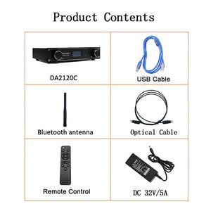 DAC Amplifier 120W+120W 24Bit/192kHz Bluetooth 4.2 USB Coaxial Optical with Remote Control DA2120C