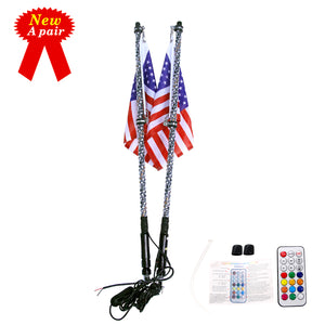 2pcs 3FT/0.9M Color LED Whips 360° Wrapped+Quick Release Base Remote Control for Buggy ATV/UTV NA102