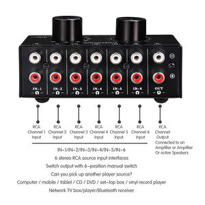 Audio Input Signal Selector Audio Input Switch RCA Audio Selector Switch 6 IN &amp; 1 OUT