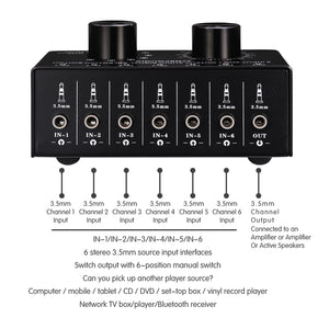 Lossless Audio Input Signal Selector Audio Input Switch 6 IN &amp; 1 OUT Adjustable Output Volume 3.5mm Ports