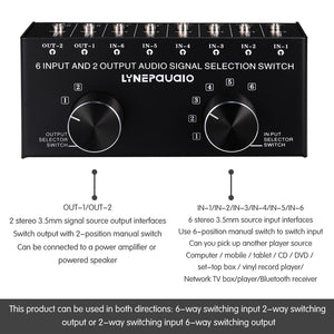 Audio Input Selector Switch Audio Input Signal Selector Support 6 IN 2 OUT &amp; 2 IN 6 OUT 3.5mm Ports