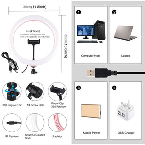 11.8&quot; Selfie Ring Light Dimmable Fill Light w/ Phone Clamp Remote Control Tripod Ball Head PU458F