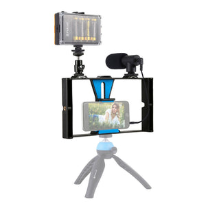 Smartphone Video Rig w/ Microphone &amp; Studio Light &amp; Tripod Head For iPhone Galaxy Xiaomi HTC PKT3022