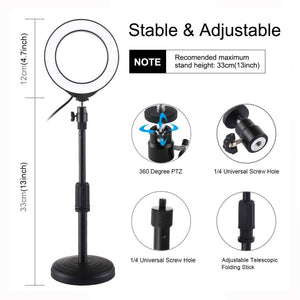 Desktop Tripod Stand Round Base + 4.7&quot; Dimmable LED Ring Light Fill Light Adjustable 18cm-28cm PU391