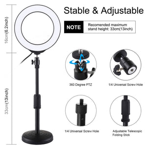 6.2&quot; Dimmable LED Ring Fill Light + Desktop Tripod Stand Round Base Adjustable Height 18-28cm PU392