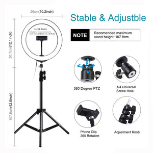 1.1m Selfie Ring Light Tripod Mount + 10.2&quot;/26cm Dimmable LED Ring Fill Light Phone Holder PKT3035