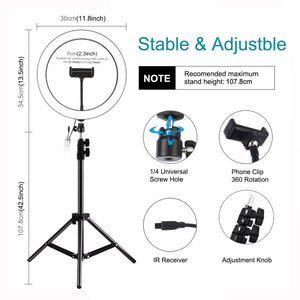 11.8&quot; Dimmable LED Ring Light with Tripod Stand 1.1m w/ Tripod Ball Head &amp; Phone Clamp PKT3050
