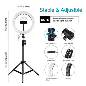 10.2&quot; LED Ring Light with Tripod Stand &amp; Remote Control &amp; Phone Clamp For Livestream PKT3051B