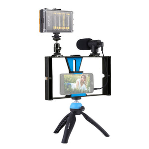 Smartphone Video Rig w/ Fill Light &amp; Mic &amp; Tripod &amp; Cold Shoe Tripod Head For iPhone Huawei PKT3023