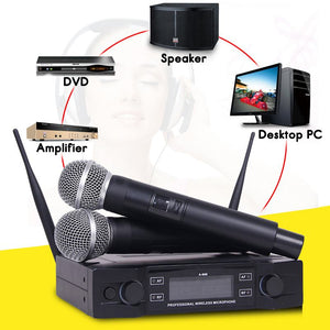 Professional UHF Wireless Microphone System Dual Channel Receiver + 2 Cardioid Microphone Black