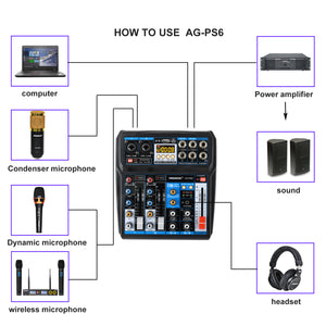 FREEBOSS AG-PS6 6 Channel Audio Mixer DC 5V Power USB Interface 2 Mono 2 Stereo 16 Digital Effects