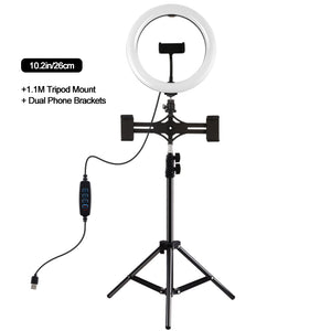 10.2&quot; Dimmable LED Ring Light with 1.1m Tripod Stand Phone Clip For Two Mobile Phones PKT3070B