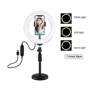 7.9&quot; Desktop Dimmable LED Ring Light with Stand Round Base Phone Clip Vlogging Selfie Light PKT3078B