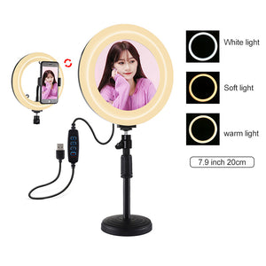 7.9&quot; Mirror Ring Light Dimmable Ring Light with Round Base Stand Mirror Phone Clip PKT3079B