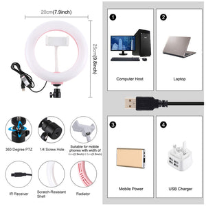 7.9&quot; RGBW Dimmable LED Ring Light Selfie Video Ring Fill Light w/ Phone Clip Remote Control PU503F