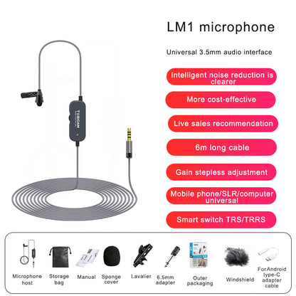 6M/19.7FT LM1 Collar Mic Collar Microphone w/ Conversion Cable For Android Noise Reduction