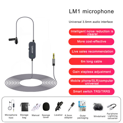 6M/19.7FT LM1 Collar Mic Collar Microphone w/ Conversion Cable For iPhone Noise Reduction
