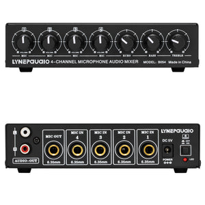 B054 4-Channel Microphone Audio Mixer Stereo Output w/ Echo Treble Bass Adjustment USB 5V Powered