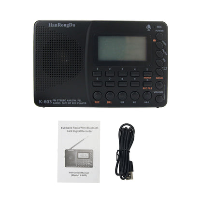 K-603 Bluetooth MP3 Player Recorder Full Band Radio AM FM SW Stereo Radio Recorder Digital Display