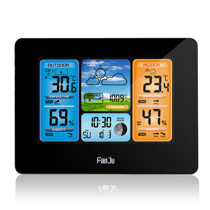 FanJu FJ3373 Weather Station Clock RF Wireless Weather Clock Color Screen Perpetual Calender Black