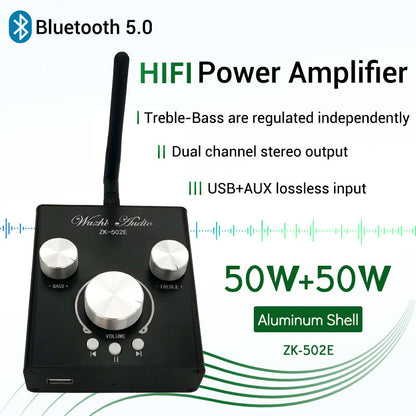 ZK-502E Bluetooth 5.0 Amplifier 50W*2 Hifi Stereo Amp 2 Channel Amplifier With Bass Treble Knobs