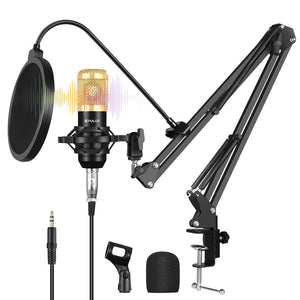 PULUZ PU612B Studio Condenser Microphone Kit w/ Suspension Scissor Arm Shock Mount USB Sound Card