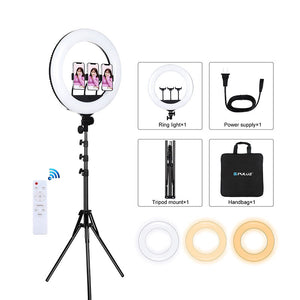 PKT3102 PULUZ 18 Inch Live LED Ring Light With Tripod Stand 70.9&quot; 3PCS Phone Clamps &amp; Remote Control