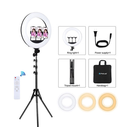 PKT3102 PULUZ 18 Inch Live LED Ring Light With Tripod Stand 70.9&quot; 3PCS Phone Clamps &amp; Remote Control