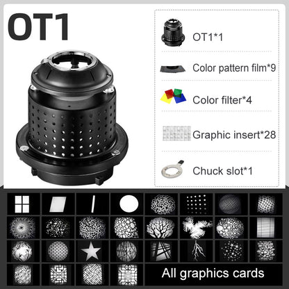 SoonPho OT1 Bowens Mount Focalize Conical Snoots Photo Optical Condenser Art Special Effects Shaped Beam Light Cylinder W/28 Graphics Card