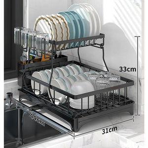 2-Tier Dish Drying Rack Stainless Steel Dish Drainer Detachable Organizer w/ Utensil Holder Cup Rack